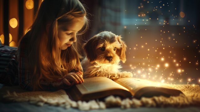 Little kid reading a glowing magic book with a dog at home.