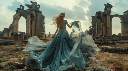 Elegant woman in flowing gown amidst historic ruins under open sky