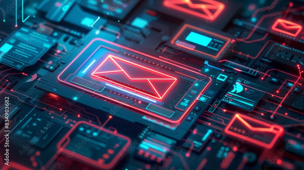 Poster a futuristic electronic mail symbol illuminated on a high-tech circuit board, showcasing digital com