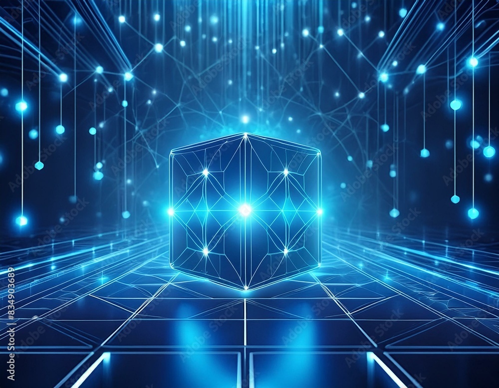 Poster abstract blue cube on blue background with stars and lines