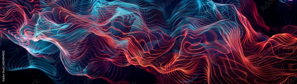 Poster abstract digital art featuring vibrant waves of red and blue light on a dark background, creating a 