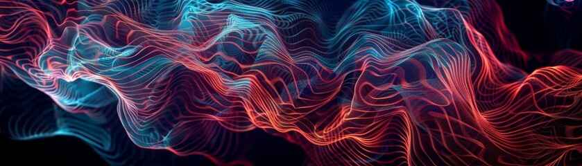 Obraz premium Abstract digital art featuring vibrant waves of red and blue light on a dark background, creating a dynamic and modern visual effect.