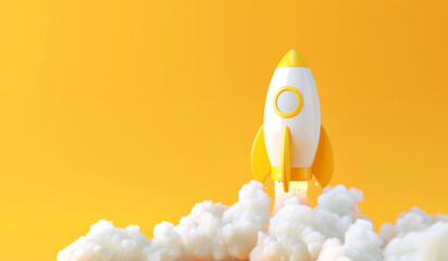 3D Cartoon rocket launching on a vibrant yellow backdrop, concept of fast business success.