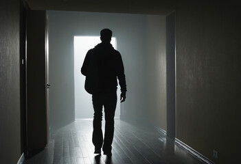 Obraz premium Silhouette of a man standing at the doorway to Heaven: A vision of faith and hope in the dark tunnel of life