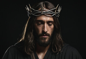 Fototapeta premium Somber depiction of the crucified Christ with a crown of thorns