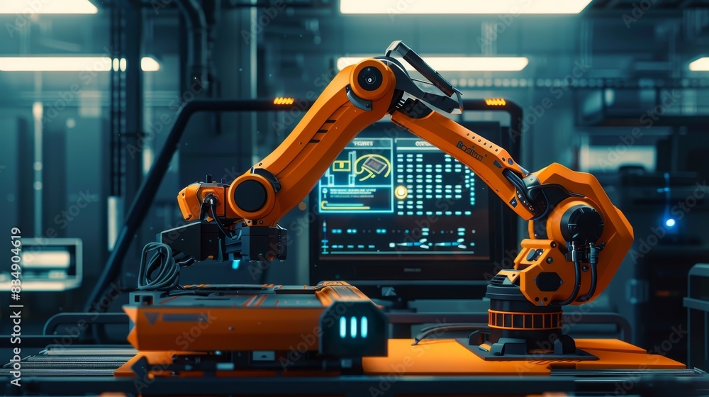 Poster automated robotic arm in modern factory, symbolizing advanced manufacturing technology and industria