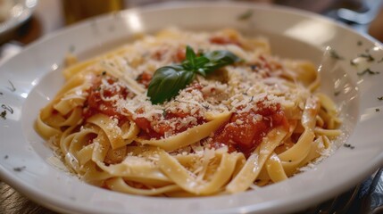 Fototapeta premium A delicious Italian pasta dish with marinara sauce and fresh basil, topped with Parmesan cheese in a cozy trattoria.