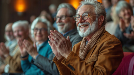 Senior citizens enjoying a presentation, clapping and smiling enthusiastically