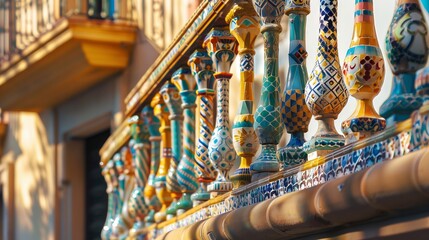 Fototapeta premium A vibrant ceramic balustrade with intricate mosaics adorns a Gaudí-inspired building, reflecting sunlight.