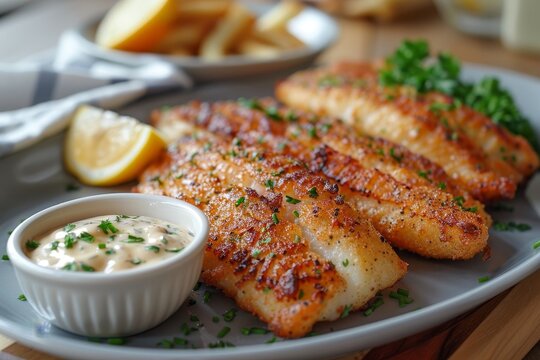 Fried Catfish - Fried catfish fillets with a side of tartar sauce. 