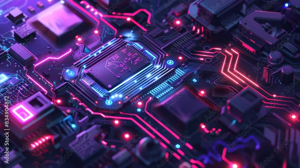 Poster close-up of a glowing microchip on a circuit board with vivid neon lights, illustrating the advanced