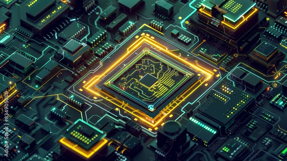 Poster close-up view of a microchip on a circuit board with neon lights, illustrating advanced technology i