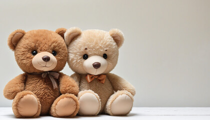 Obraz premium Vintage Teddy Bears on Wooden Shelf Against White Wall with Copy Space, Nostalgically Toned