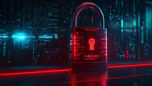 This is a digital composite video of a red and black padlock with a glowing red keyhole. The background is a futuristic cityscape with blue and red lights.