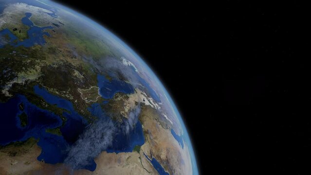Fly Zoom into Bulgaria, Sofia, Plovdiv, through space to see the country map region from above from space. Detailed map Showing area, HD and 4K. Animation.