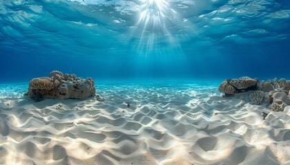 Sunlight beams through clear blue water, illuminating a sandy ocean floor.