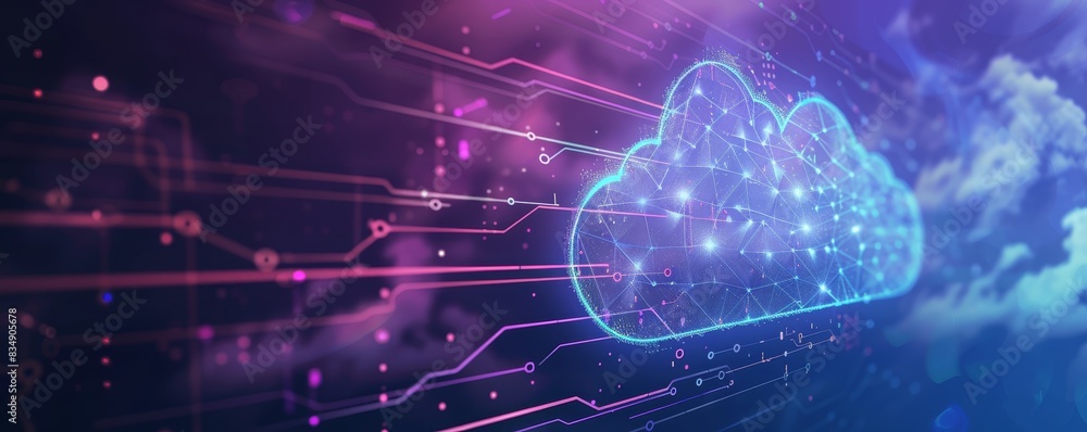 Poster futuristic cloud computing technology concept with a glowing cloud icon and digital circuits on a vi