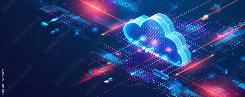 Poster futuristic cloud computing concept, highlighting data transfer with vibrant neon lights and digital 