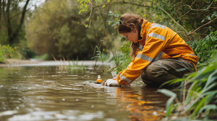 Environmental scientist in high visibility jacket collecting water samples from a river