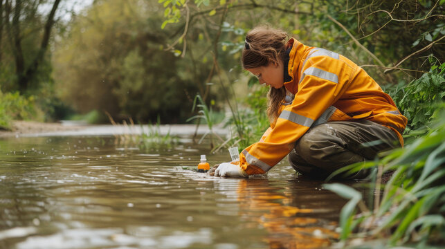 Environmental scientist in high visibility jacket collecting water samples from a river