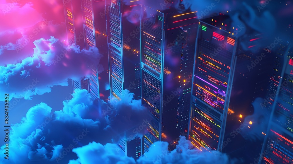 Poster futuristic data servers in pink and blue lights surrounded by clouds, representing cloud computing t