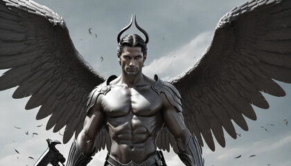 Visual depiction of Lucifer, the fallen archangel armed with a sword and helmet