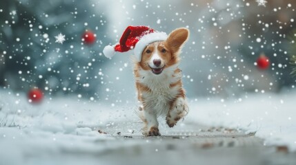 Dog with red Christmas cap in snow field in winter