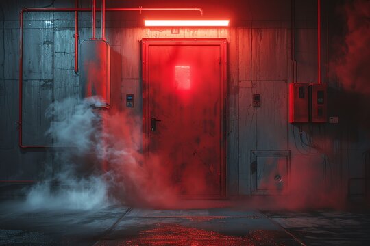 Mysterious red door with smoke and neon light in an abandoned building.