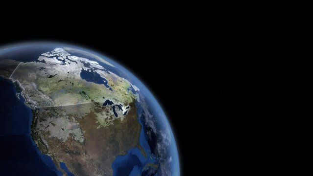 Fly Zoom into Canada, Ottawa, Toronto, Montreal, 
 through space to see the country map region from above from space. Detailed map Showing area, HD and 4K. Animation.
