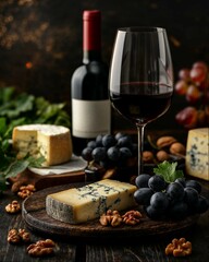 Wine and cheese platter with grapes and nuts
