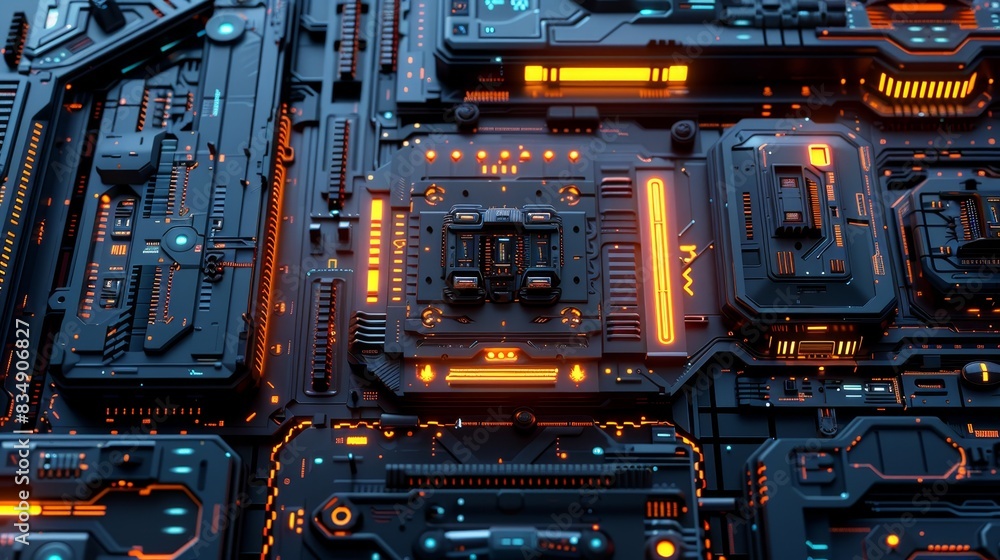 Poster futuristic electronic circuit board with illuminated lights and intricate patterns, showcasing advan