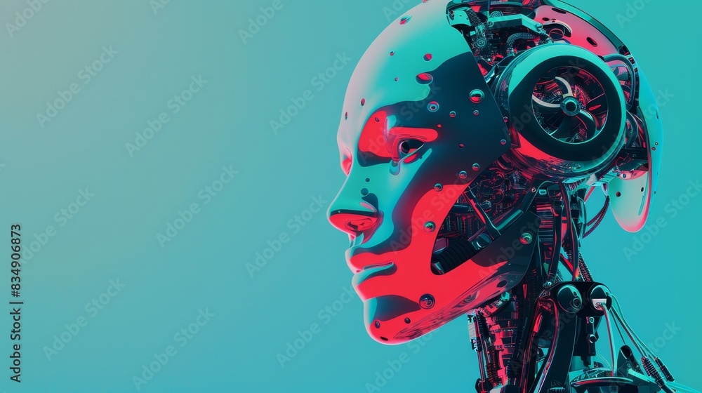 Poster futuristic humanoid robot head with intricate details and vibrant colors representing advanced ai an