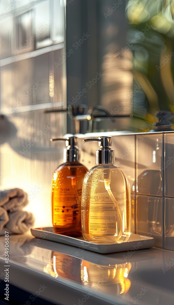 Poster two glass bottles of shampoo and conditioner on a white countertop in a bathroom. generative ai
