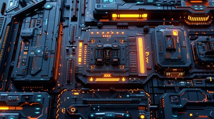 Fototapeta premium Futuristic electronic circuit board with illuminated lights and intricate patterns, showcasing advanced technology and sci-fi elements.