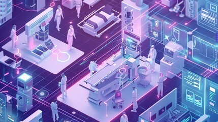 Fototapeta premium Futuristic lab with scientists operating advanced technology in a high-tech environment, illuminated by neon lights and data interfaces.