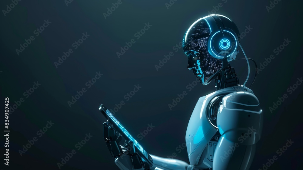 Poster futuristic robot with glowing blue details using a tablet in a dark environment, showcasing advanced