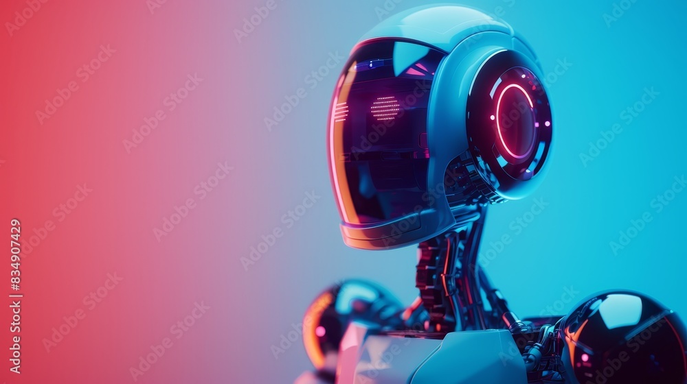Poster futuristic robot with advanced technology, depicted in a colorful setting of red and blue lighting, 