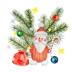Charming watercolor knitted Santa Claus at the Christmas tree, with a bag of gifts. Watercolor illustration of a knitted Santa Claus toy, hand-drawn.