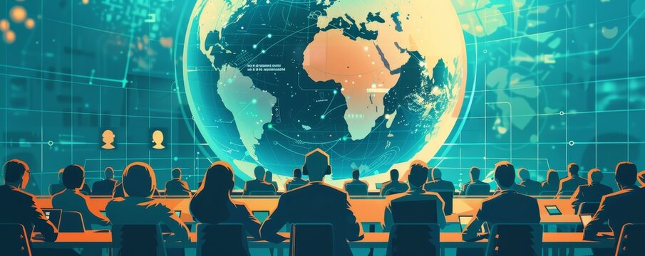 Business conference with global network visualization on screen, executives discussing international strategy, technology and innovation.
