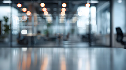 Beautiful blurred background of a light modern office interior with panoramic windows and beautiful lighting.
