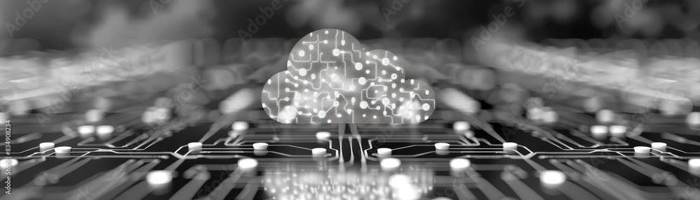 Poster monochrome image of a glowing cloud over a circuit board, symbolizing cloud computing and digital te