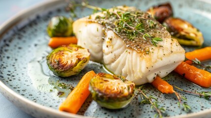 A gourmet fish steak topped with a flavorful herb butter sauce and served with crispy roasted Brussels sprouts and baby carrots on a contemporary round plate.