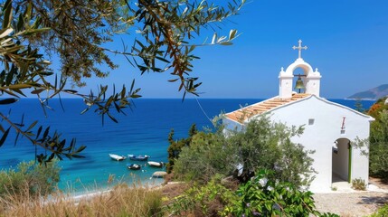 Obraz premium a small Greek island adorned with a white church, surrounded by crystal-clear turquoise waters, and lush pine trees in the village.
