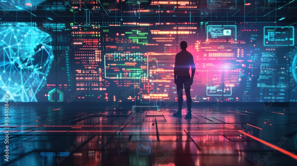 Poster silhouette of person standing in futuristic digital interface with holographic data displays, explor