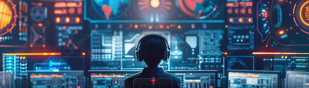 Poster silhouette of a person wearing headphones sitting at a control center with multiple digital screens 