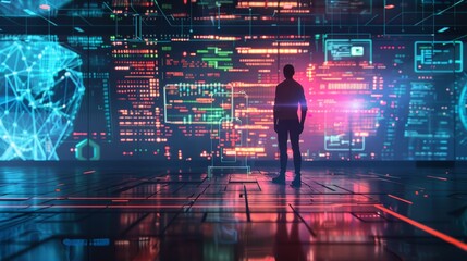 Silhouette of person standing in futuristic digital interface with holographic data displays, exploring technology and innovation.