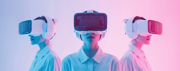 Three individuals wearing virtual reality headsets, immersed in a digital experience, with a neon pink and blue background.