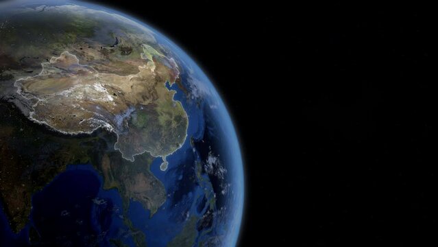 Fly Zoom into China, Beijing, Shanghai, through space to see the country map region from above from space. Detailed map Showing area, HD and 4K. Animation.