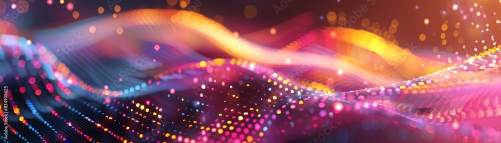 Poster vibrant abstract digital landscape with colorful waves and glowing particles, perfect for technology