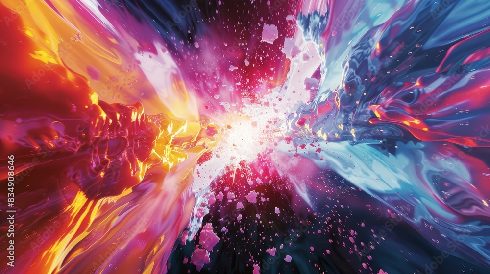 Poster vibrant abstract explosion of colors, blending warm and cool tones creating a dynamic and energetic 